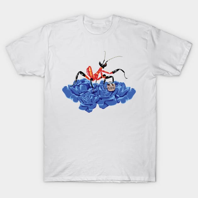 Original Red and Black Ant Praying Mantis on blue-violet rose buds sipping on some Tea. T-Shirt by LegCup